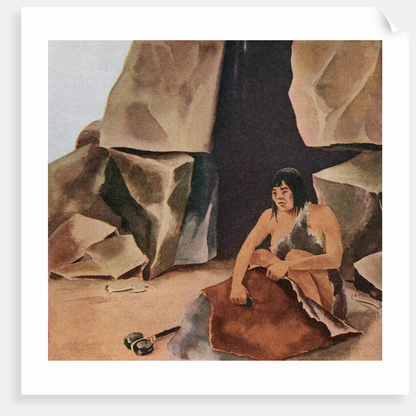 Prehistoric caveman scraping hide at his cave by Anonymous