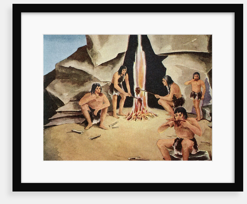 Prehistoric family eating meal by their cave by Anonymous