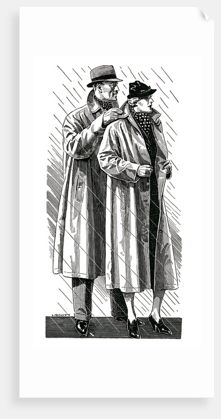 Stylish couple putting on raincoats in the rain by Anonymous