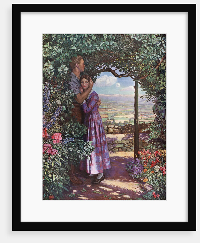 Young man embracing his love in a flower garden by Anonymous