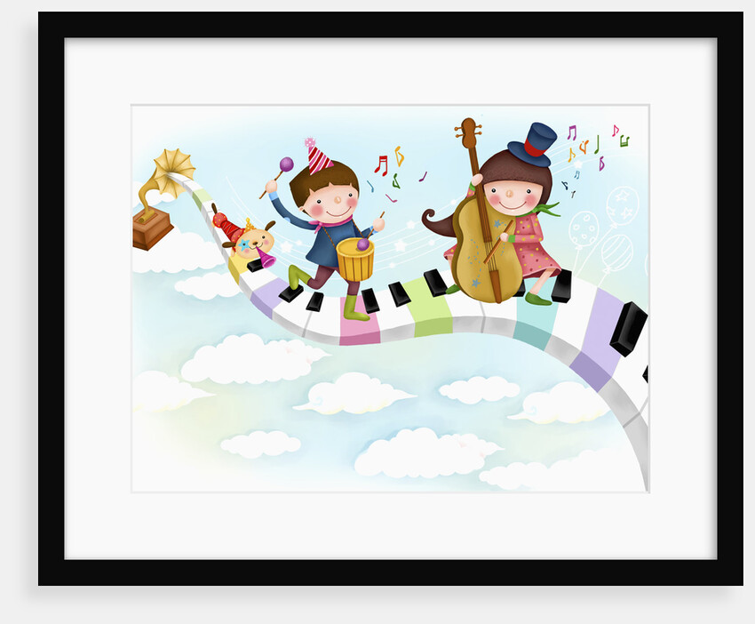 Girl and a boy playing cello and drum by Anonymous