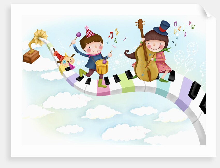 Girl and a boy playing cello and drum by Anonymous