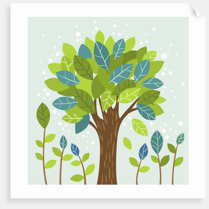 A large tree in the center and small trees by Anonymous