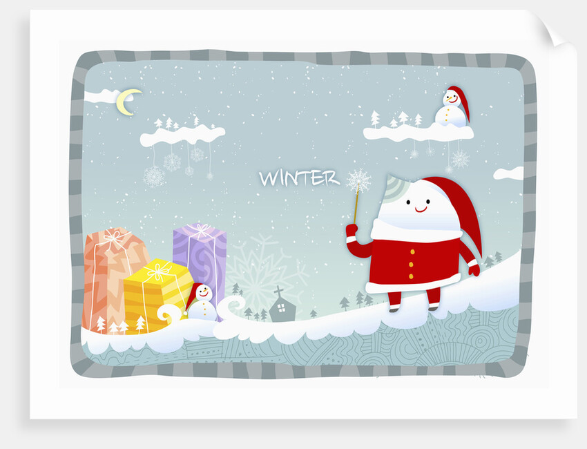 Snowman wearing santa clothes with blue winter background by Anonymous