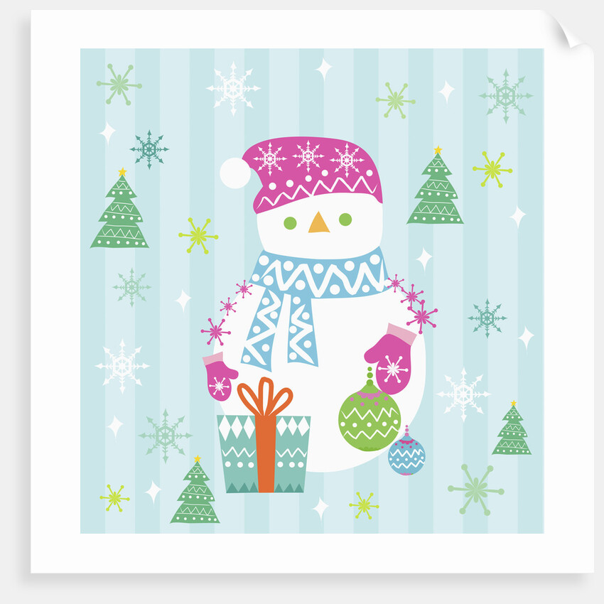 Snowman and gift with blue background by Anonymous