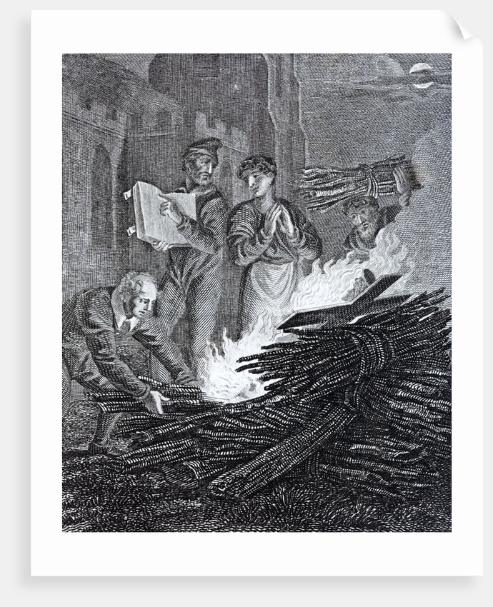 Puritan iconoclasts on the road to Norwich burning a church crucifix in front of the church. by Anonymous