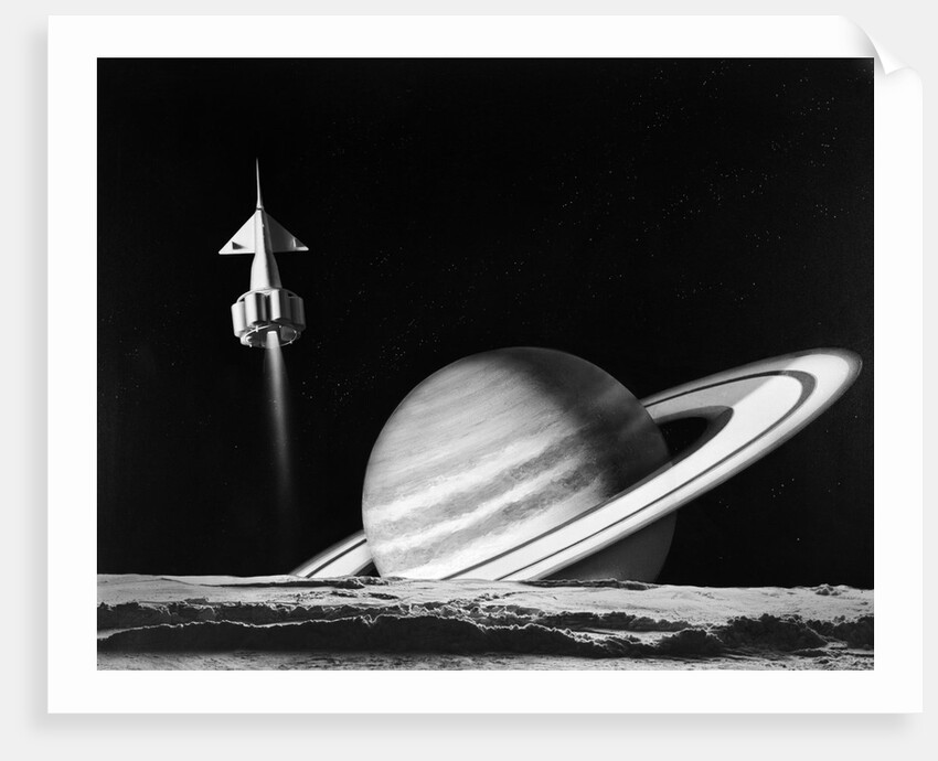 1960s space rocket flying past saturn with surface of another planet in foreground by Anonymous