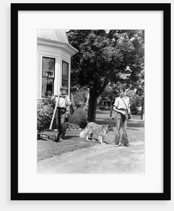 1940s boy with fishing gear collie dog second boy mowing grass with push mower by Anonymous