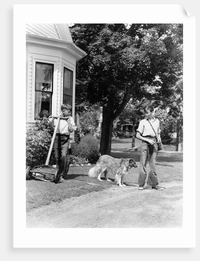 1940s boy with fishing gear collie dog second boy mowing grass with push mower by Anonymous