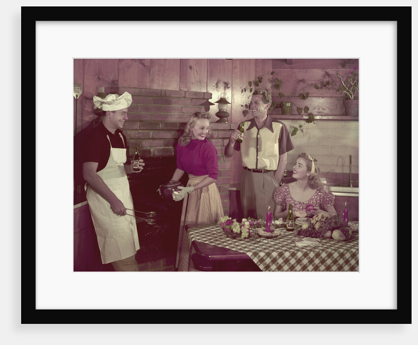 1950s 2 couples cooking picnic in rustic kitchen drinking beer by Anonymous