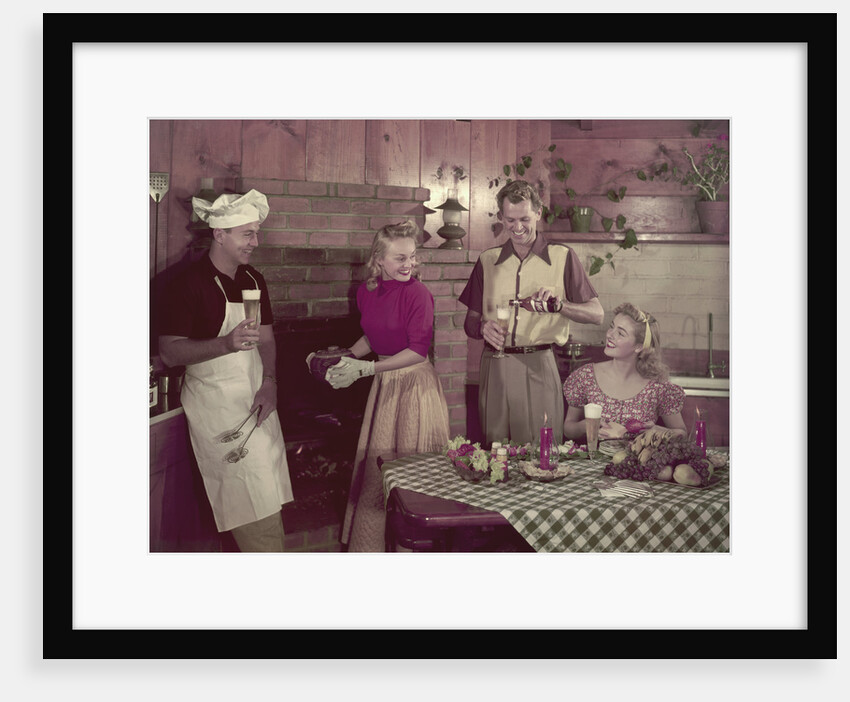 1950s 2 couples cooking picnic in rustic kitchen drinking beer by Anonymous
