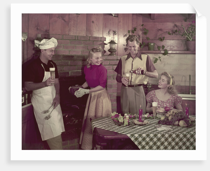 1950s 2 couples cooking picnic in rustic kitchen drinking beer by Anonymous