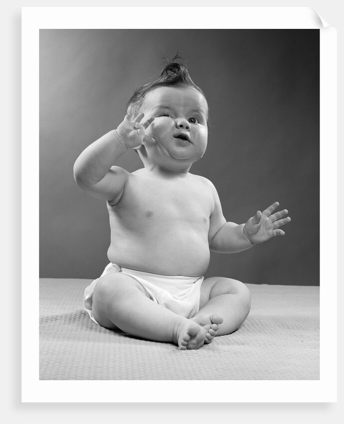 1950s full figure baby sitting gesture hand touching cheek face expression funny by Anonymous