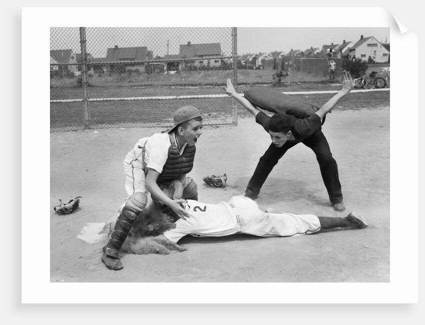 1950s little league umpire calling safe player sliding into home plate by Anonymous