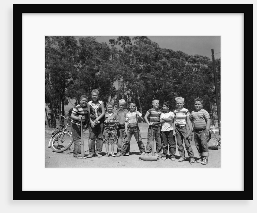 1950s line-up of 9 boys in tee shirts with bats & mitts facing camera by Anonymous