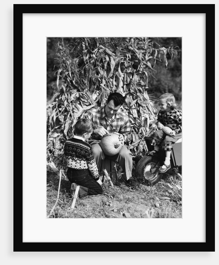 1950s boy & girl sitting in front of corn stalks watching father carve pumpkin by Anonymous