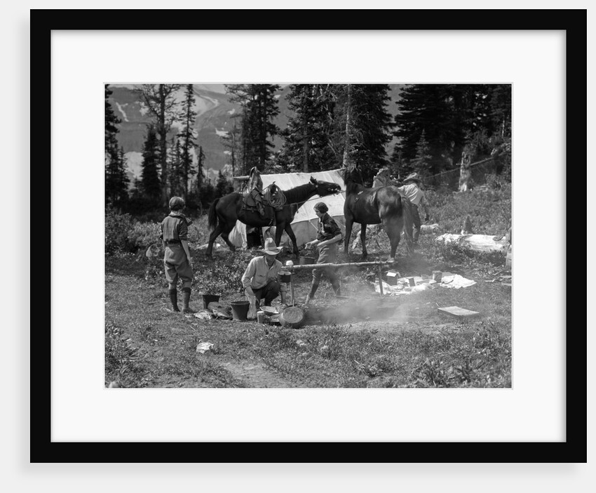 1920s group men women at rough campsite cooking fire horses campfire wilderness adventure cowboy tent canada assiniboine by Anonymous