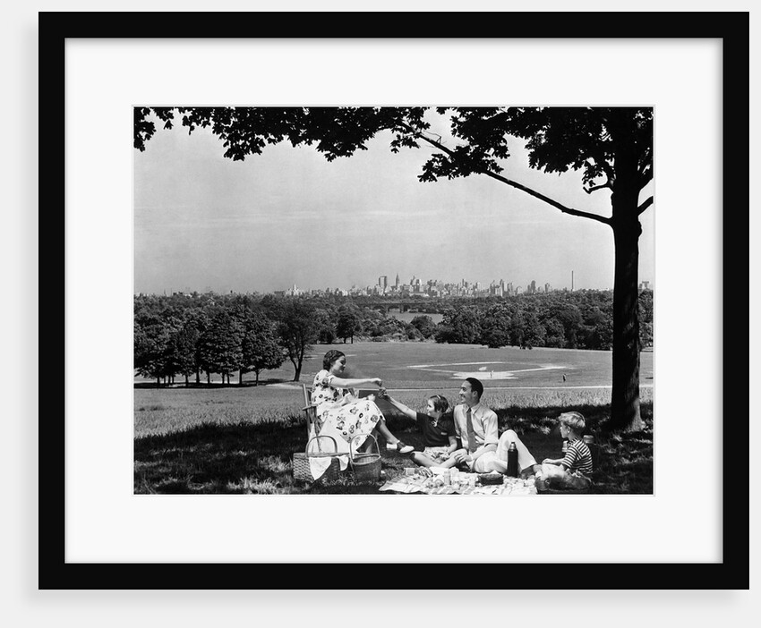1930s 1940s family picnicking under a tree in fairmont park with skyline of philadelphia pa on horizon by Anonymous