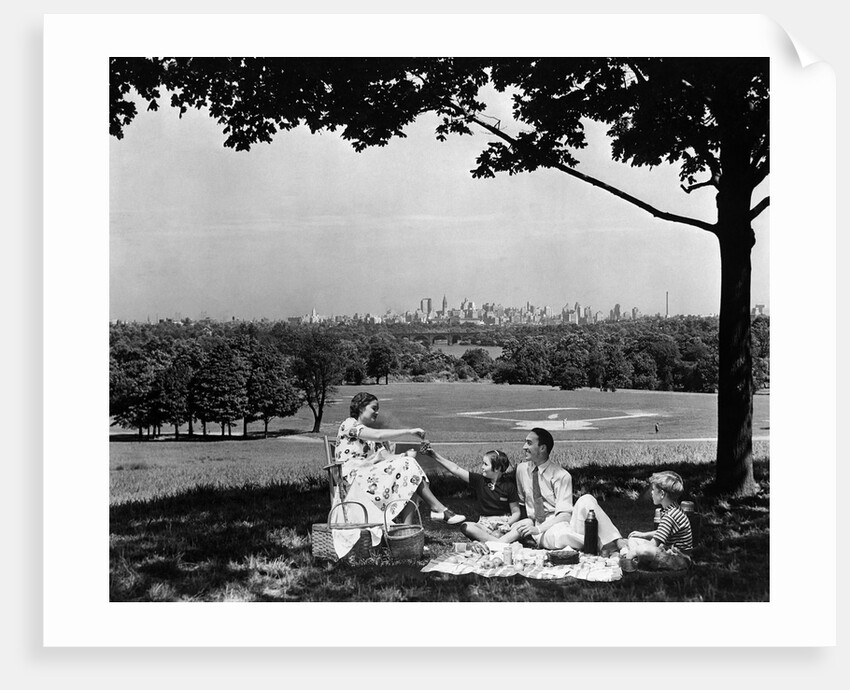 1930s 1940s family picnicking under a tree in fairmont park with skyline of philadelphia pa on horizon by Anonymous