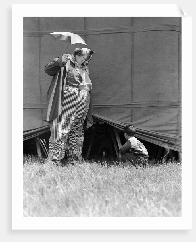 1930s man clown catching little boy peeking under circus big top tent by Anonymous