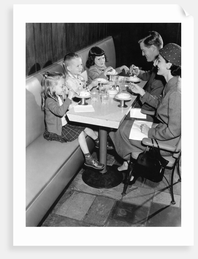 1950s family eating ice cream at a diner by Anonymous