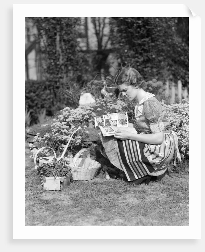 1930s 1940s woman dressed in print dress striped apron kneeling in flowers garden reading a gardening manual by Anonymous