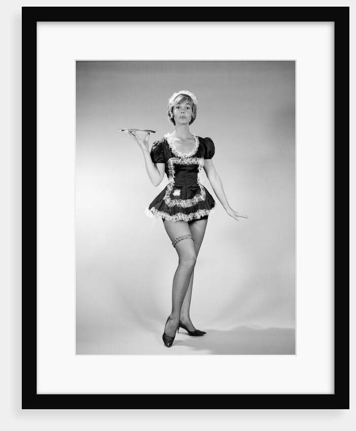 1960s nonplused blonde woman character wearing french maid costume looking at camera by Anonymous