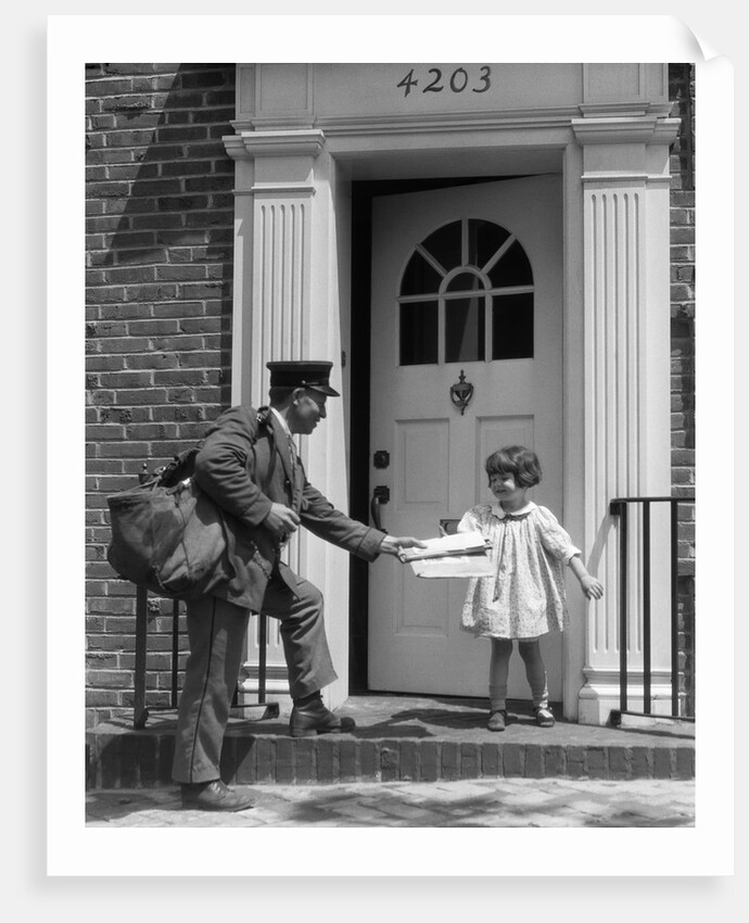 1920s smiling little girl receiving mail from postman by Anonymous