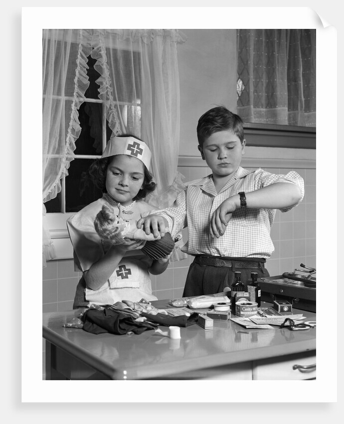 1950s two children playing doctor nurse by Anonymous