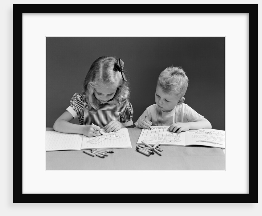 1940s two children coloring drawing in book by Anonymous