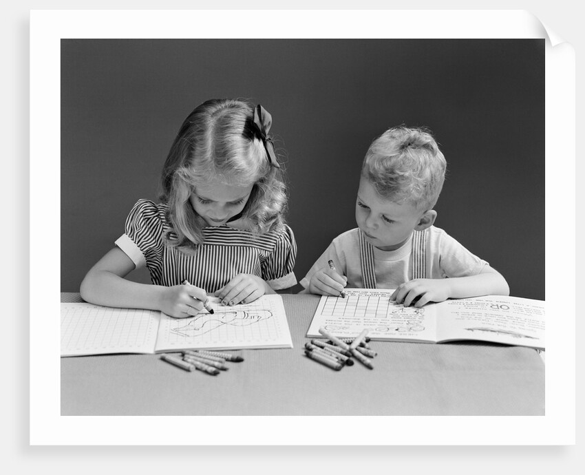 1940s two children coloring drawing in book by Anonymous