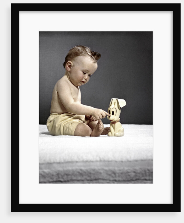 1940s 1950s baby sitting touching toy dog by Anonymous