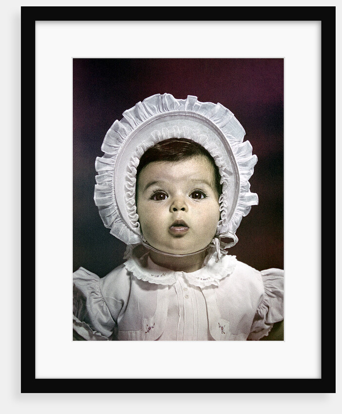 1940s 1950s cute baby round face lacy ruffled dress big bonnet hat by Anonymous