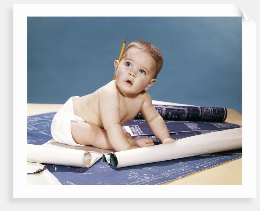 1960s baby architect sitting among blueprints by Anonymous