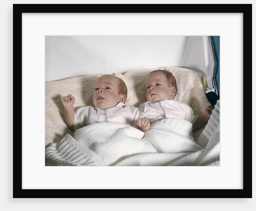 1950s 1960s twin babies lying in pram by Anonymous