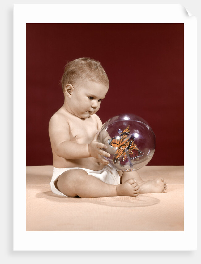 1960s baby sitting holding clear plastic toy ball with butterflies inside by Anonymous
