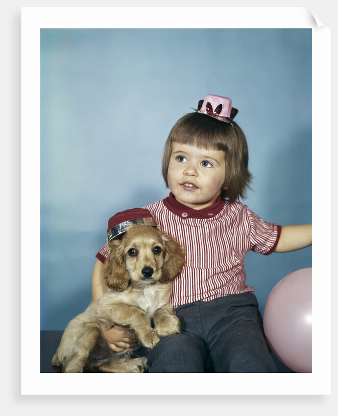 1950s 1960s little girl in party hat sitting holding a cocker spaniel puppy by Anonymous