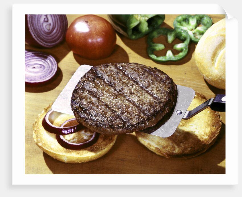 Hamburger beef patty, onion, tomatoes & peppers and rolls by Anonymous