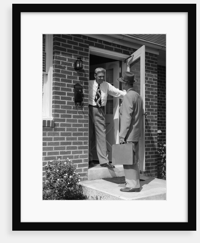 1950s salesman talking to man at front door by Anonymous