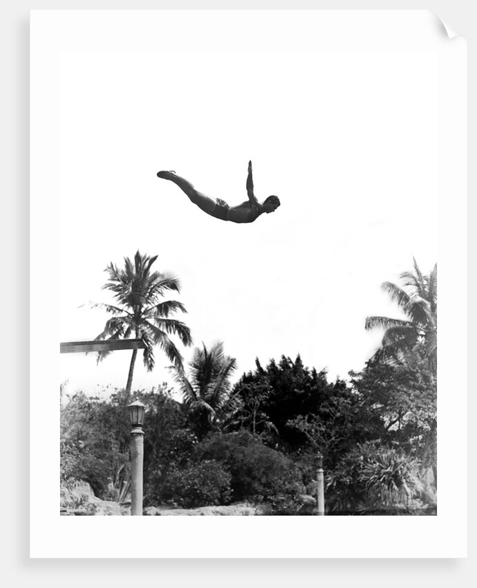1940s man poised midair arms out jumping from diving board into pool by Anonymous