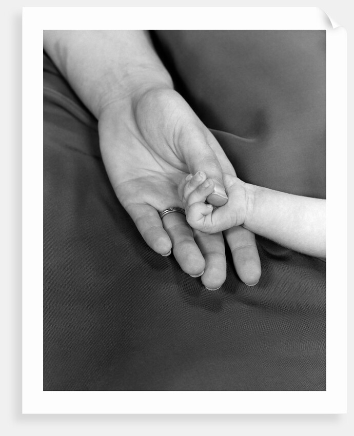 1950s close-up of baby holding mother's thumb by Anonymous