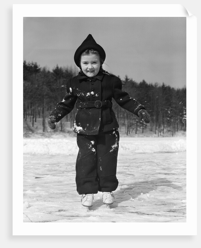 1930s worried cautious little girl on ice skates looking at camera by Anonymous