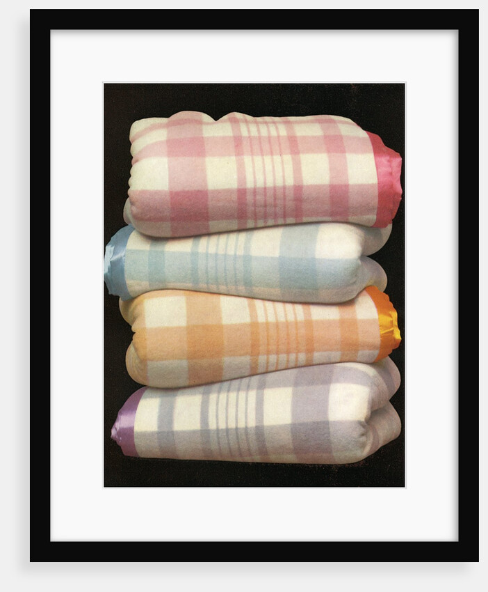 Vintage illustration of four stacked wool blankets by Anonymous