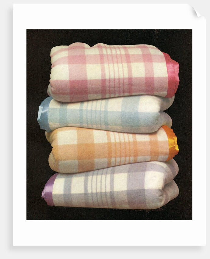 Vintage illustration of four stacked wool blankets by Anonymous