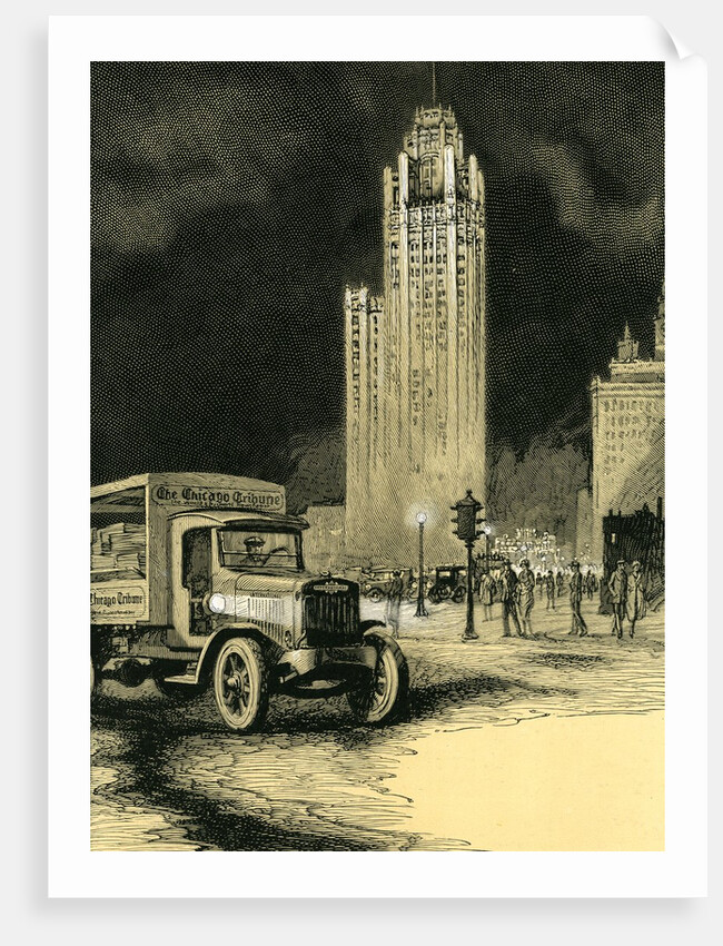 Vintage print of the Chicago Tribune building and truck delivering newspapers by Anonymous