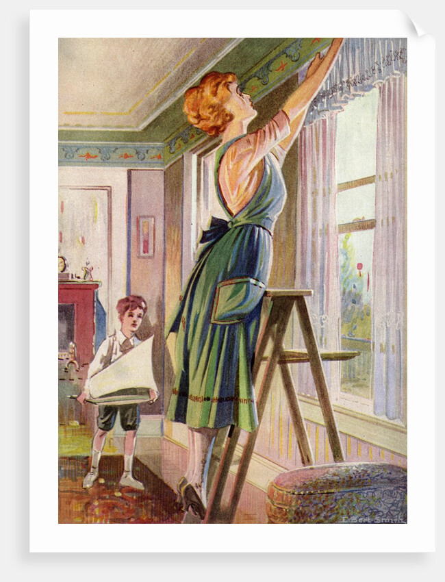 Housewife hanging curtains in her living room by Anonymous