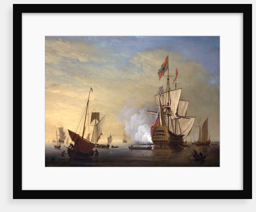 Harbor Scene: An English Ship with Sails Loosened Firing a Gun by Peter Monamy