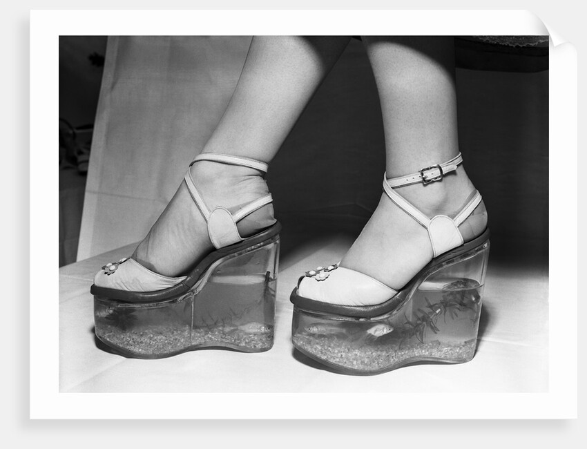 Woman wearing aquarium wedged shoes by Anonymous