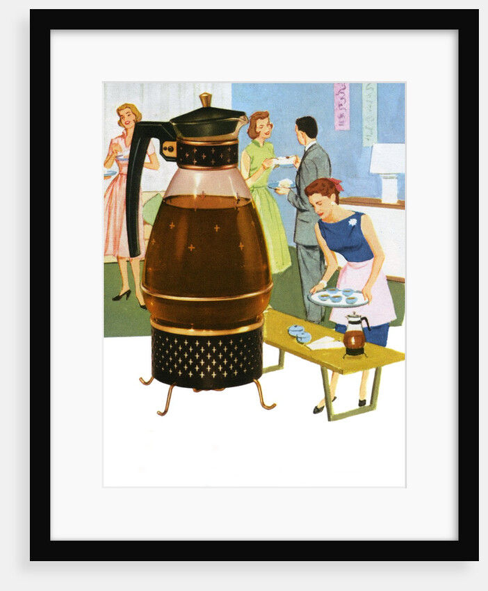 Coffee carafe and housewife serving coffee to guests by Anonymous