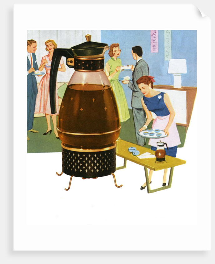 Coffee carafe and housewife serving coffee to guests by Anonymous